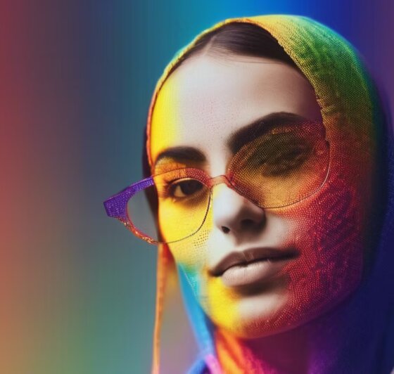 A portrait washed in the full colour spectrum — the human at the centre of the technology.