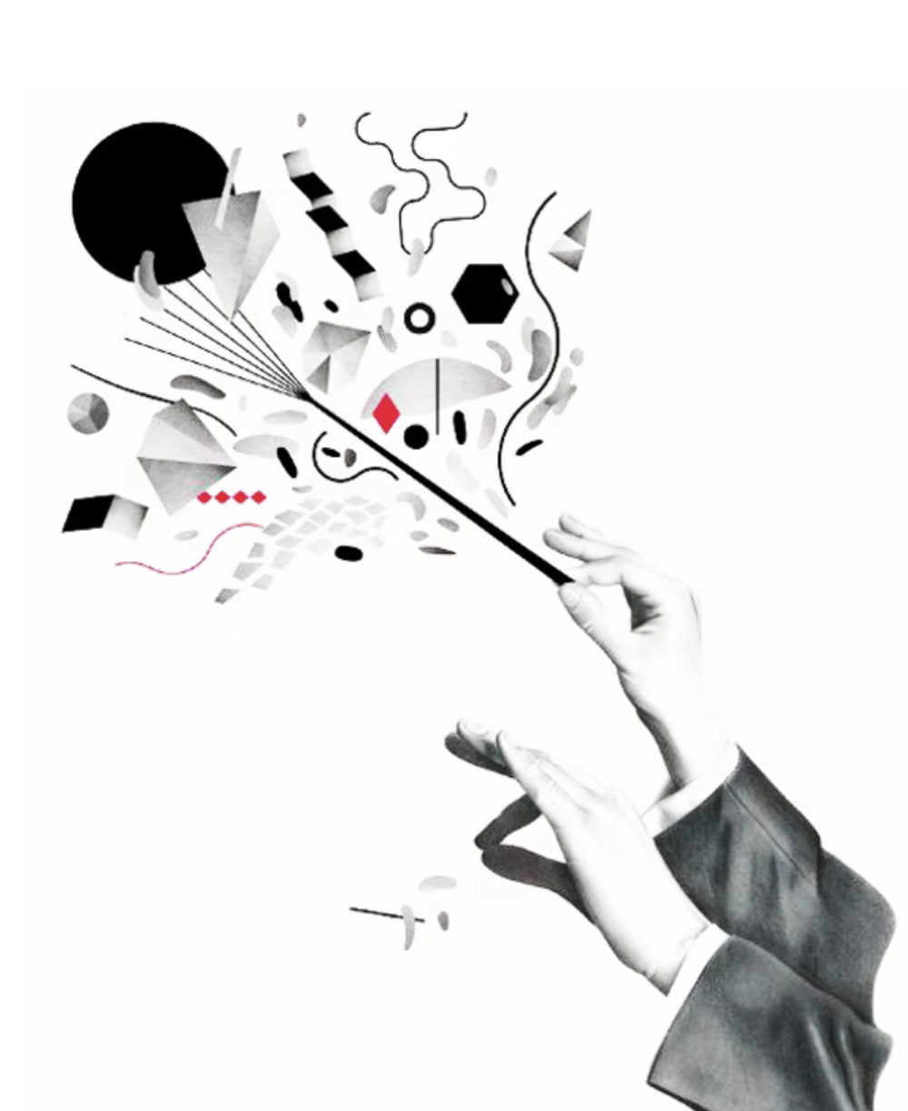 A conductor's hands drawing an explosion of geometric shapes from a baton — the art and science of orchestration.